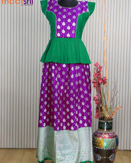 Banarasi kids lehanga green and purple with patch work neck pattern and self emboss zari weaves & long zari border for 15 years - {{ collection.title }} by Prashanti Sarees