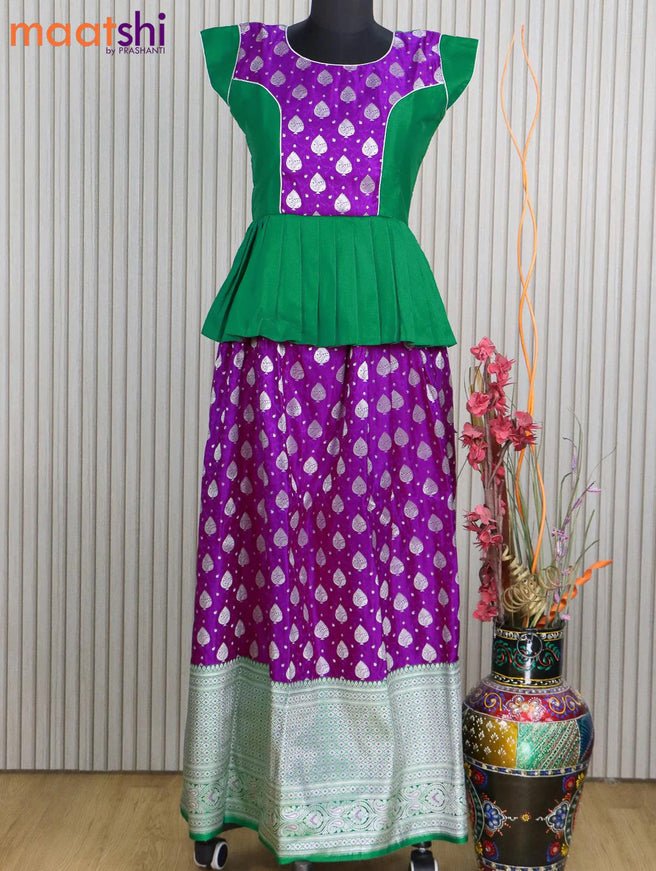 Banarasi kids lehanga green and purple with patch work neck pattern and self emboss zari weaves & long zari border for 15 years - {{ collection.title }} by Prashanti Sarees