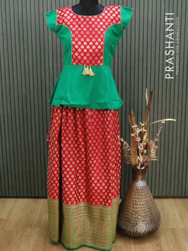 Banarasi kids lehanga green and red with patch work neck pattern and allover zari buttas & long zari border for 16 years - {{ collection.title }} by Prashanti Sarees