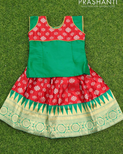 Banarasi kids lehanga green and red with patch work neck pattern and allover zari buttas & temple design floral zari border for 0 year - {{ collection.title }} by Prashanti Sarees