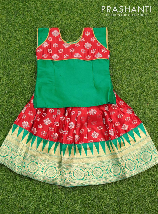 Banarasi kids lehanga green and red with patch work neck pattern and allover zari buttas & temple design floral zari border for 0 year - {{ collection.title }} by Prashanti Sarees