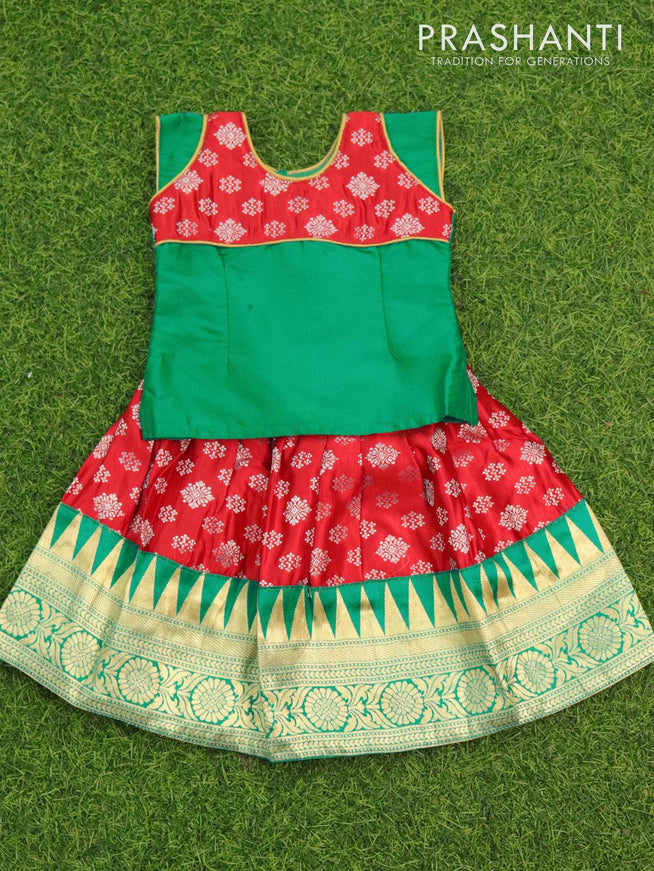 Banarasi kids lehanga green and red with patch work neck pattern and allover zari buttas & temple design floral zari border for 0 year - {{ collection.title }} by Prashanti Sarees