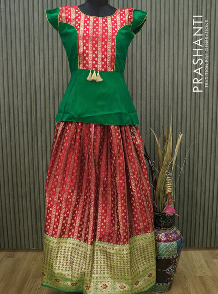 Banarasi kids lehanga green and red with patch work neck pattern and allover zari weaves & long zari border for 14 years - {{ collection.title }} by Prashanti Sarees