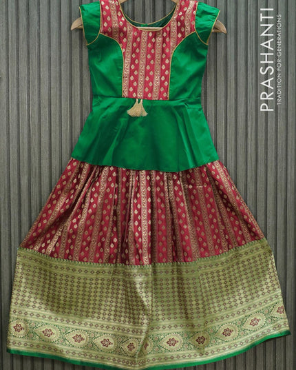 Banarasi kids lehanga green and red with patch work neck pattern and allover zari weaves & long zari border for 5 years - {{ collection.title }} by Prashanti Sarees