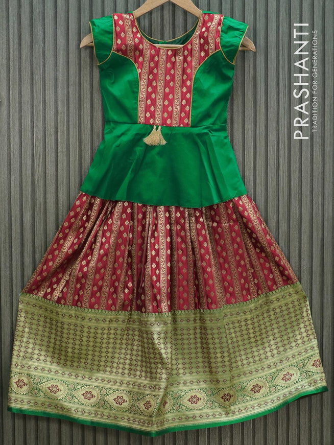 Banarasi kids lehanga green and red with patch work neck pattern and allover zari weaves & long zari border for 5 years - {{ collection.title }} by Prashanti Sarees