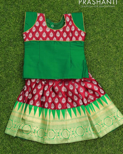 Banarasi kids lehanga green and red with patch work neck pattern and zari buttas & temple design border for 0 year - {{ collection.title }} by Prashanti Sarees