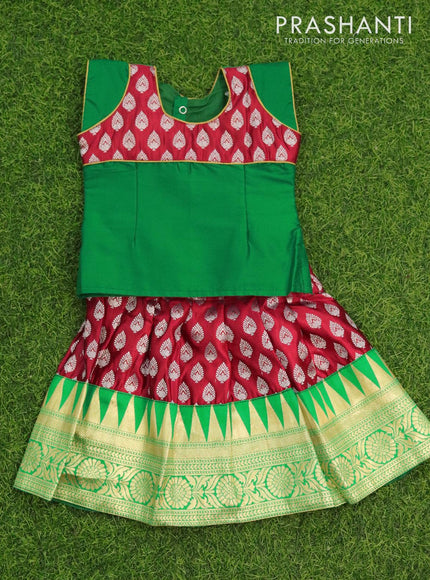 Banarasi kids lehanga green and red with patch work neck pattern and zari buttas & temple design border for 0 year - {{ collection.title }} by Prashanti Sarees