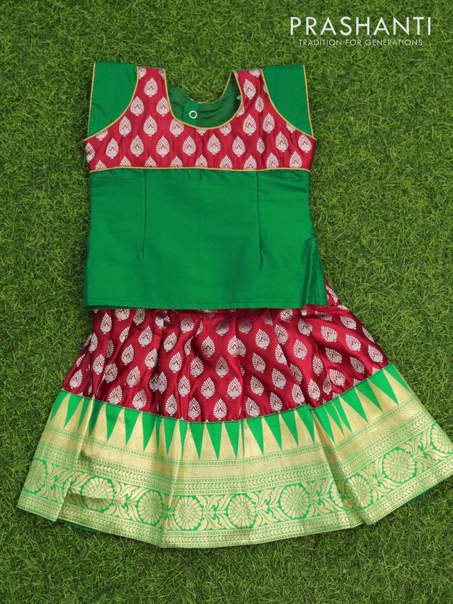 Banarasi kids lehanga green and red with patch work neck pattern and zari buttas & temple design border for 0 year - {{ collection.title }} by Prashanti Sarees