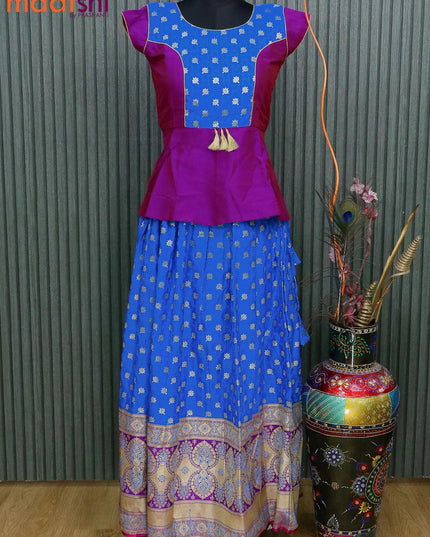 Banarasi kids lehanga magenta pink and cs blue with patch work neck pattern and self emboss zari weaves & long zari border for 14 years - {{ collection.title }} by Prashanti Sarees