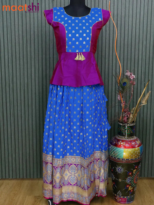 Banarasi kids lehanga magenta pink and cs blue with patch work neck pattern and self emboss zari weaves & long zari border for 14 years - {{ collection.title }} by Prashanti Sarees