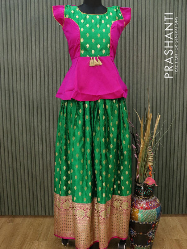 Banarasi kids lehanga magenta pink and green with patch work neck pattern and allover zari weaves & floral zari border for 15 years - {{ collection.title }} by Prashanti Sarees