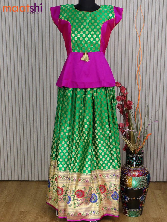 Banarasi kids lehanga magenta pink and green with patch work neck pattern and zari woven butta weaves & long zari border for 16 years - {{ collection.title }} by Prashanti Sarees