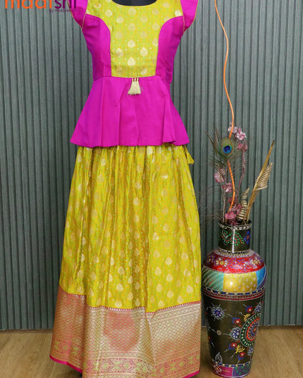 Banarasi kids lehanga magenta pink and yellow shade with patch work neck pattern and self emboss zari weaves & long zari border for 13 years - {{ collection.title }} by Prashanti Sarees