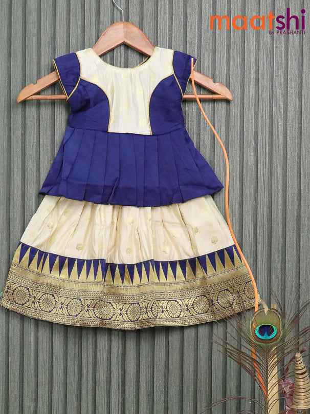 Banarasi kids lehanga navy blue and cream with patch work neck pattern and butta weaves & temple design zari border for 0 year - {{ collection.title }} by Prashanti Sarees