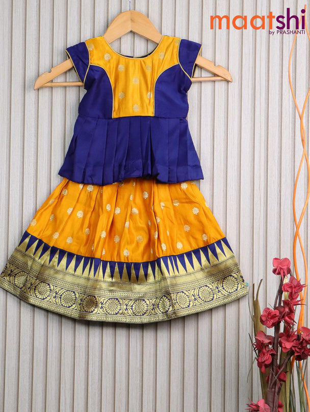 Banarasi kids lehanga navy blue and mango yellow with patch work neck pattern and butta weaves & temple design zari border for 0 year - {{ collection.title }} by Prashanti Sarees