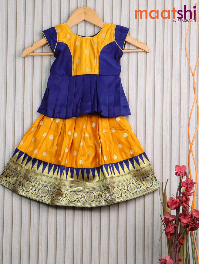 Banarasi kids lehanga navy blue and mango yellow with patch work neck pattern and butta weaves & temple design zari border for 0 year - {{ collection.title }} by Prashanti Sarees