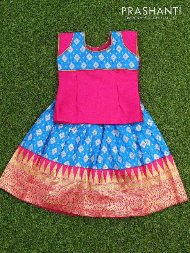 Banarasi kids lehanga pink and blue with patch work neck pattern and allover zari buttas & floral zari border for 0 year - {{ collection.title }} by Prashanti Sarees