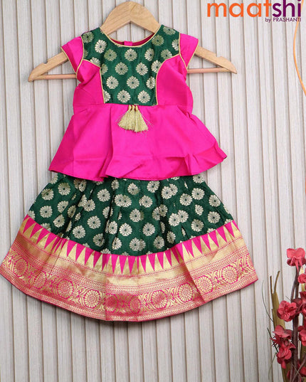 Banarasi kids lehanga pink and dark green with patch work neck pattern and allover zari weaves & temple design zari border for 0 year - {{ collection.title }} by Prashanti Sarees