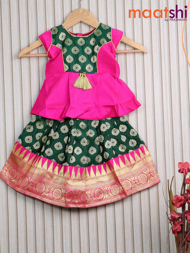Banarasi kids lehanga pink and dark green with patch work neck pattern and allover zari weaves & temple design zari border for 0 year - {{ collection.title }} by Prashanti Sarees
