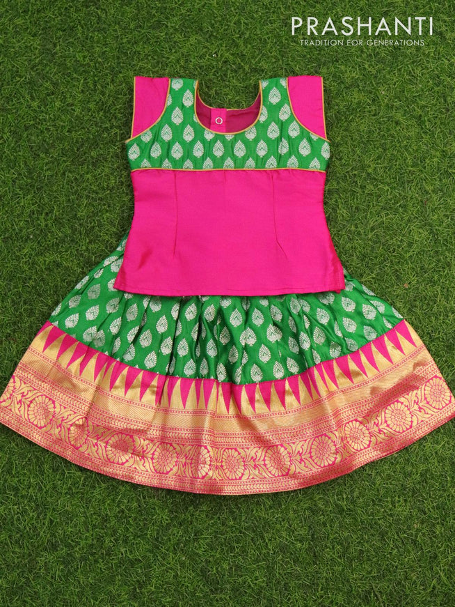 Banarasi kids lehanga pink and green with patch work neck pattern and zari buttas & temple design border for 0 year - {{ collection.title }} by Prashanti Sarees