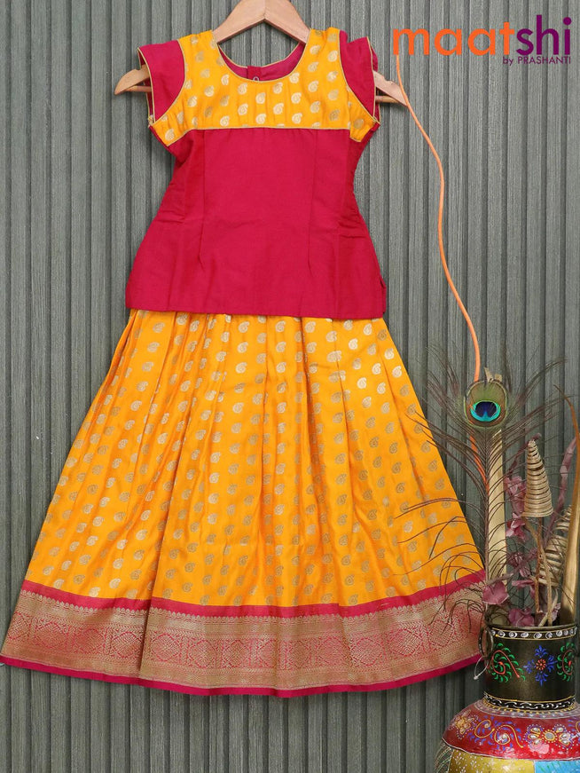 Banarasi kids lehanga pink and mango yellow with patch work neck pattern and paisley zari woven buttas & zari border for 7 years - {{ collection.title }} by Prashanti Sarees