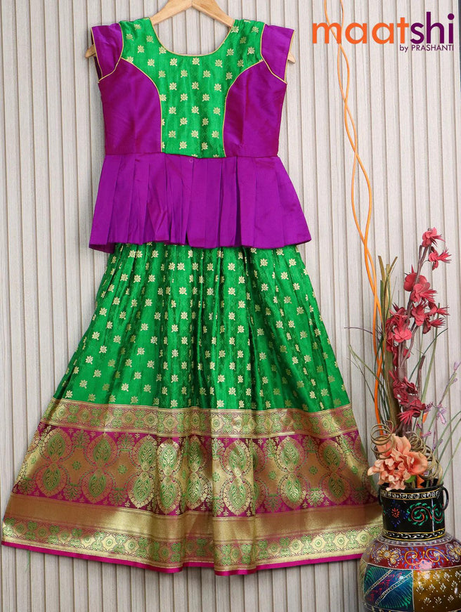 Banarasi kids lehanga purple and green with patch work neck pattern and self emboss zari buttas & long zari border for 10 years - {{ collection.title }} by Prashanti Sarees