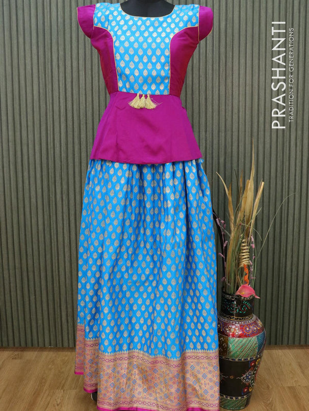 Banarasi kids lehanga purple and light blue with patch work neck pattern and allover zari buttas & long zari border for 13 years - {{ collection.title }} by Prashanti Sarees