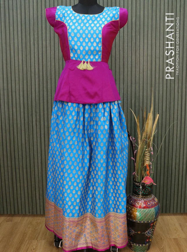 Banarasi kids lehanga purple and light blue with patch work neck pattern and allover zari buttas & long zari border for 16 years - {{ collection.title }} by Prashanti Sarees