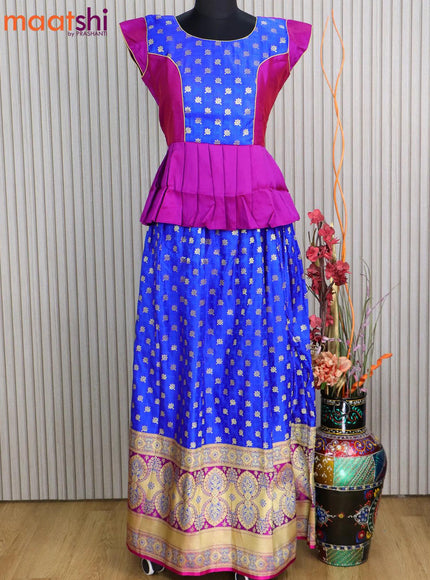 Banarasi kids lehanga purple and royal blue with patch work neck pattern and self emboss zari weaves & long zari border for 16 years - {{ collection.title }} by Prashanti Sarees
