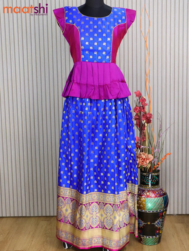Banarasi kids lehanga purple and royal blue with patch work neck pattern and self emboss zari weaves & long zari border for 16 years - {{ collection.title }} by Prashanti Sarees