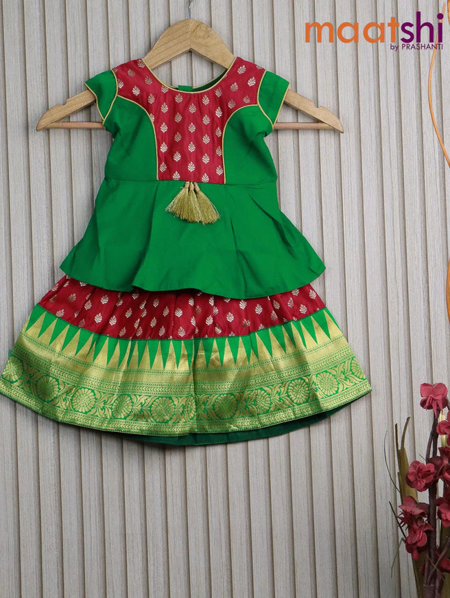 Banarasi kids lehanga red and green with patch work neck pattern and allover butta weaves & temple design zari border for 0 year - {{ collection.title }} by Prashanti Sarees
