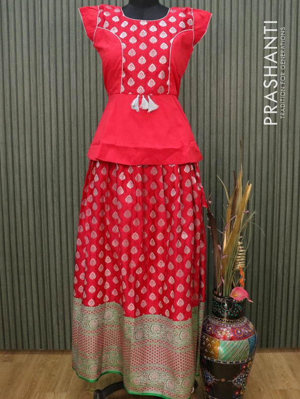 Banarasi kids lehanga red and green with patch work neck pattern and allover buttas & long zari woven border for 16 years - {{ collection.title }} by Prashanti Sarees