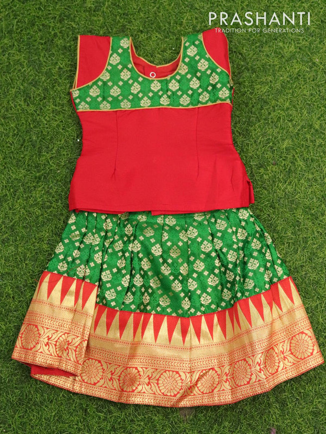 Banarasi kids lehanga red and green with patch work neck pattern and allover zari buttas & temple design floral zari border for 0 year - {{ collection.title }} by Prashanti Sarees