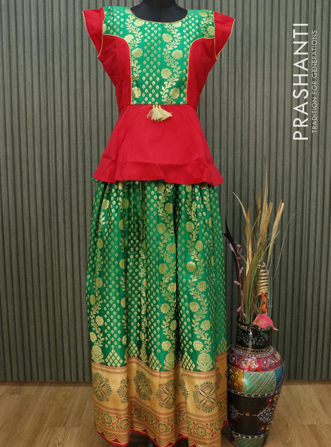 Banarasi kids lehanga red and green with patch work neck pattern and allover zari weaves & floral zari border for 16 years - {{ collection.title }} by Prashanti Sarees
