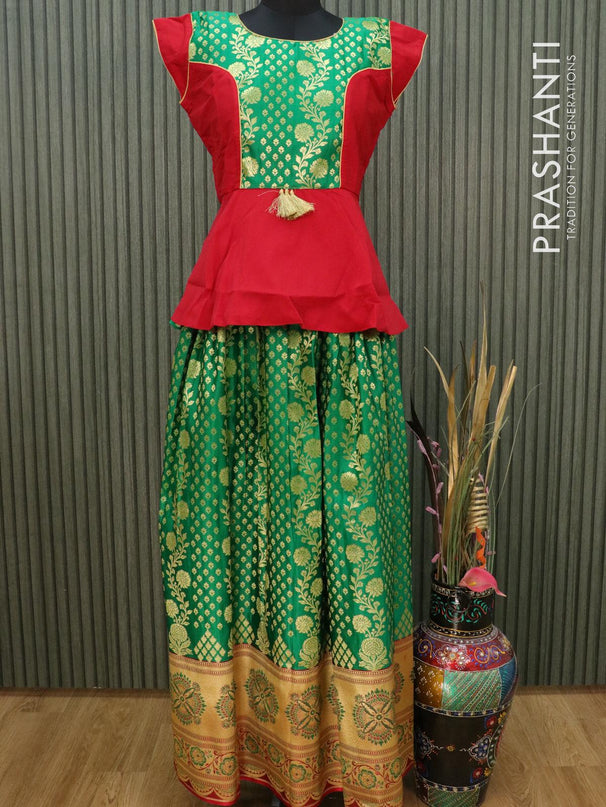 Banarasi kids lehanga red and green with patch work neck pattern and allover zari weaves & floral zari border for 16 years - {{ collection.title }} by Prashanti Sarees