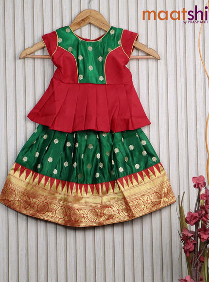 Banarasi kids lehanga red and green with patch work neck pattern and butta weaves & temple design zari border for 0 year - {{ collection.title }} by Prashanti Sarees