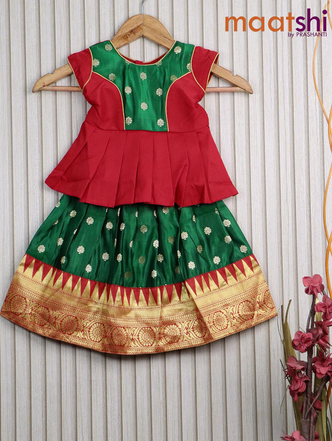 Banarasi kids lehanga red and green with patch work neck pattern and butta weaves & temple design zari border for 0 year - {{ collection.title }} by Prashanti Sarees