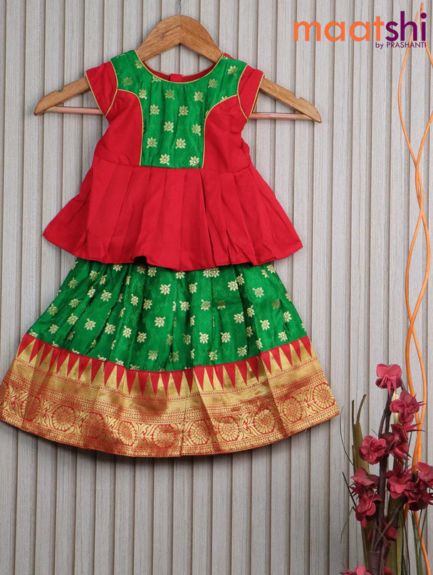 Banarasi kids lehanga red and green with patch work neck pattern and self emboss zari buttas & temple design zari border for 0 year - {{ collection.title }} by Prashanti Sarees