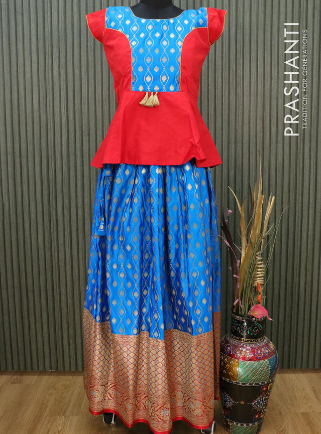 Banarasi kids lehanga red and light blue with patch work neck pattern and allover buttas & long zari border for 16 years - {{ collection.title }} by Prashanti Sarees