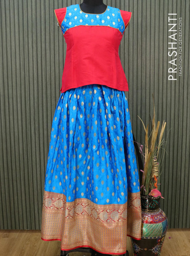 Banarasi kids lehanga red and light blue with patch work neck pattern and allover zari butta weaves & long zari border for 13 year - {{ collection.title }} by Prashanti Sarees