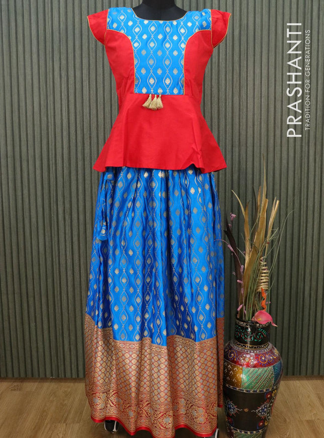 Banarasi kids lehanga red and light blue with patch work neck pattern and allover zari weaves & long zari border for 15 years - {{ collection.title }} by Prashanti Sarees