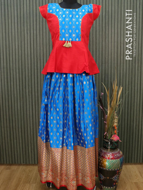 Banarasi kids lehanga red and light blue with patch work neck pattern and allover zari weaves & long zari border for 15 years - {{ collection.title }} by Prashanti Sarees