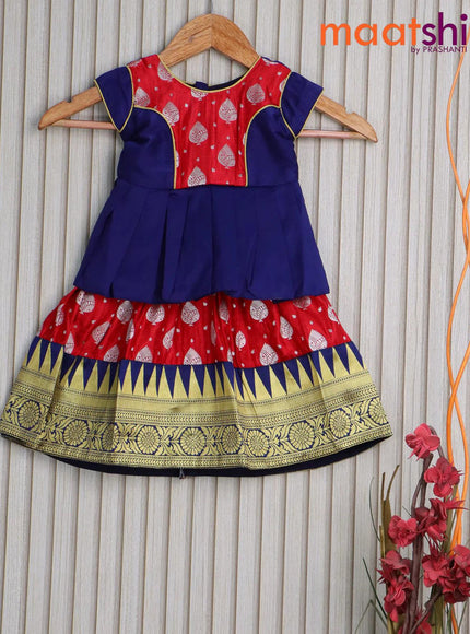 Banarasi kids lehanga red and navy blue with patch work neck pattern and self emboss zari buttas & temple design zari border for 0 year - {{ collection.title }} by Prashanti Sarees