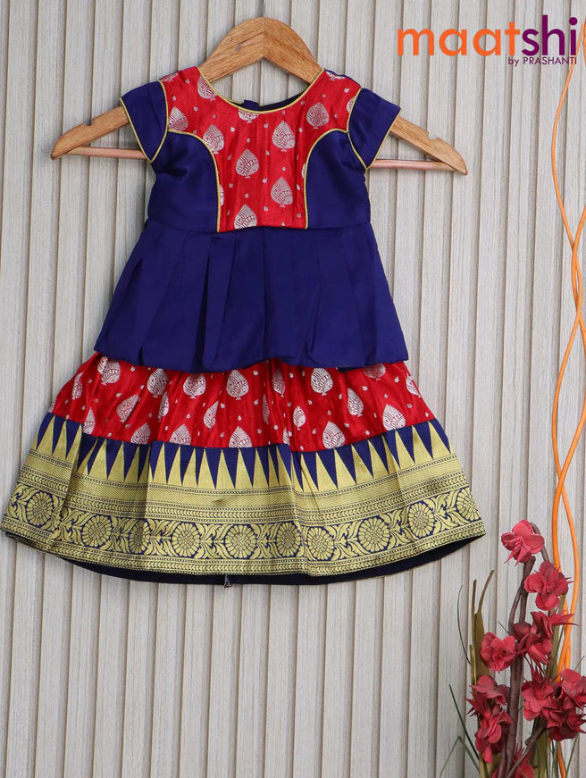 Banarasi kids lehanga red and navy blue with patch work neck pattern and self emboss zari buttas & temple design zari border for 0 year - {{ collection.title }} by Prashanti Sarees