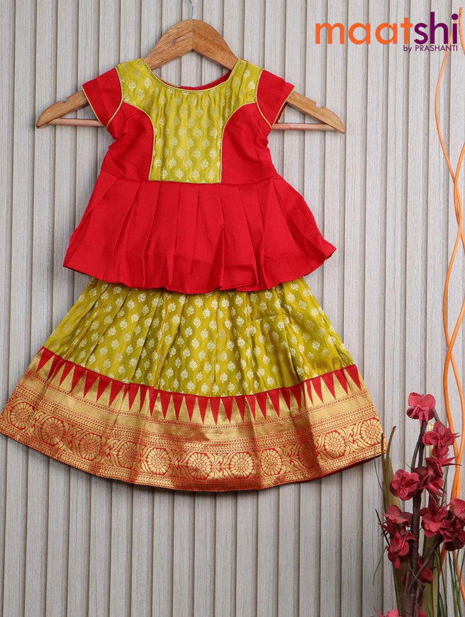 Banarasi kids lehanga red and yellow with patch work neck pattern and allover butta weaves & temple design zari border for 0 year - {{ collection.title }} by Prashanti Sarees