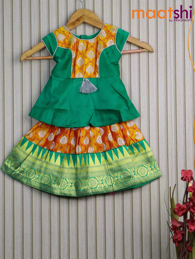 Banarasi kids lehanga teal green and mango yellow with patch work neck pattern and silver zari butta weaves & zari border for 0 year - {{ collection.title }} by Prashanti Sarees