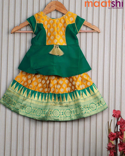 Banarasi kids lehanga teal green and mustard yellow with patch work neck pattern and allover butta weaves & temple design zari border for 0 year - {{ collection.title }} by Prashanti Sarees