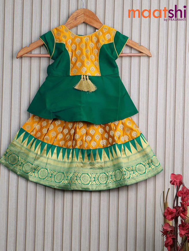 Banarasi kids lehanga teal green and mustard yellow with patch work neck pattern and allover butta weaves & temple design zari border for 0 year - {{ collection.title }} by Prashanti Sarees