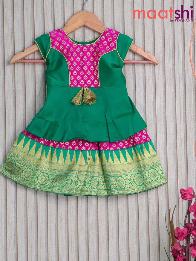 Banarasi kids lehanga teal green and pink with patch work neck pattern and allover butta weaves & temple design zari border for 0 year - {{ collection.title }} by Prashanti Sarees