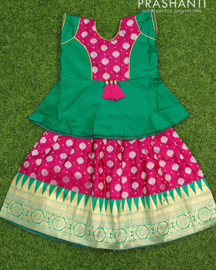 Banarasi kids lehanga teal green and pink with patch work neck pattern and allover zari weaves & floral zari border for 1 years - {{ collection.title }} by Prashanti Sarees